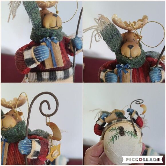 Vintage Fabric Mache Holiday Winter Christmas Ornaments Snowmen & Moose Set of 4 - Picture 14 of 16